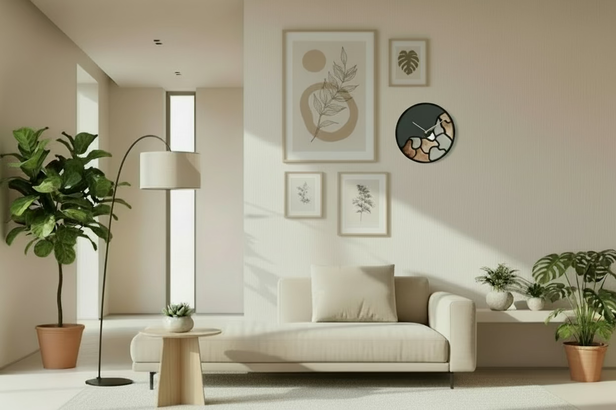 Wohnzimmer, Wanduhr mit Kupfer 