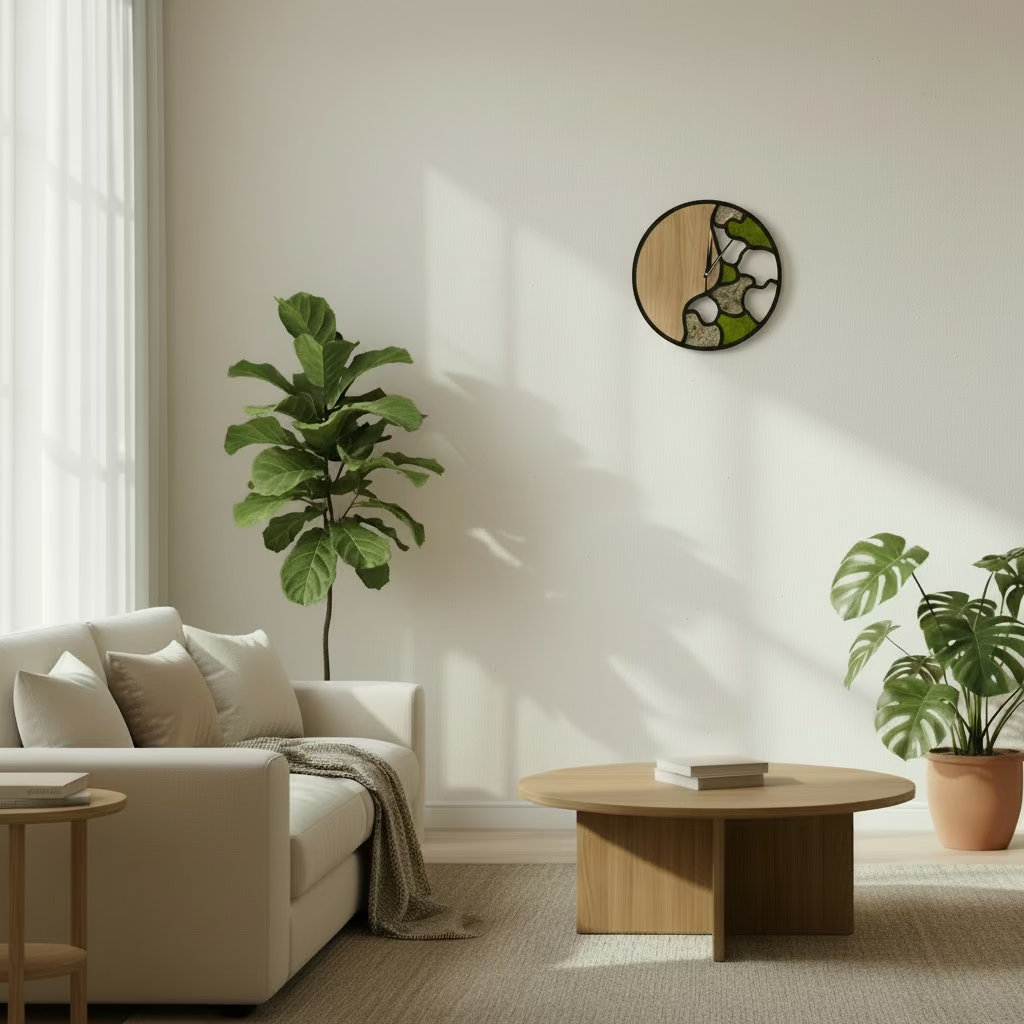 Wanduhr in Wohnung mit eiche, Moos, heu 